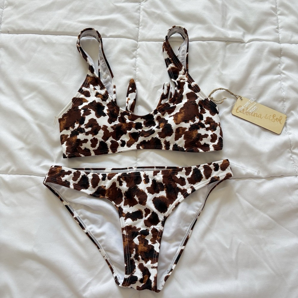 NWT Cabana Del Sol Womens Bikini Set Top Small Bottoms Cheeky Deer Cheetah Print